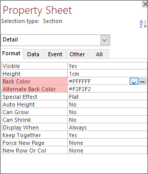 The Back Color and Alternate Back Color properties highlighted on the Property Sheet