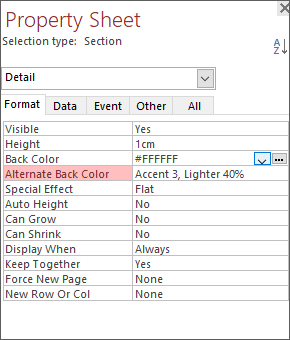 The Alternate Back Color property highlighted on the Property Sheet