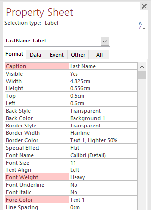 The Property Sheet showing the Caption, Font Weight and Fore Color selected