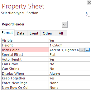 The Property Sheet with the Back Color item highlighted