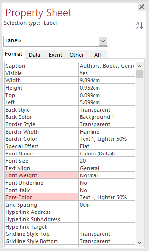 The Property Sheet with the Font Weight and Fore Color items selected