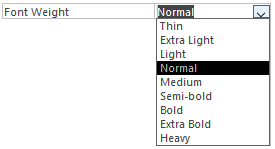 The Property Sheet with the Font Weights in a dropdown list