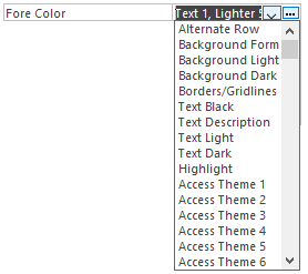 The Property Sheet with the Fore Colors in a dropdown list