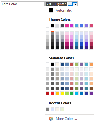 The Property Sheet with the Font Colors in a dropdown list