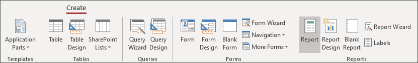 The Create ribbon in Access showing the Report item selected