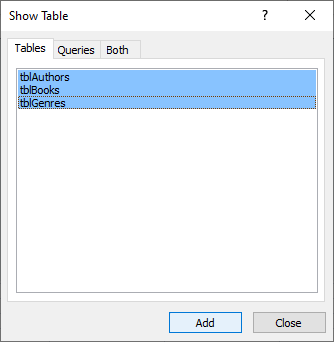 The Show Tables dialog box with three Access tables selected