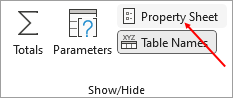 The Property Sheet item on the Show Hide panel in Access