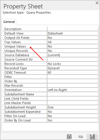 The Access property sheet with Unique Values highlighted