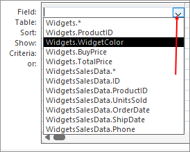 Selecting an Access field for a query
