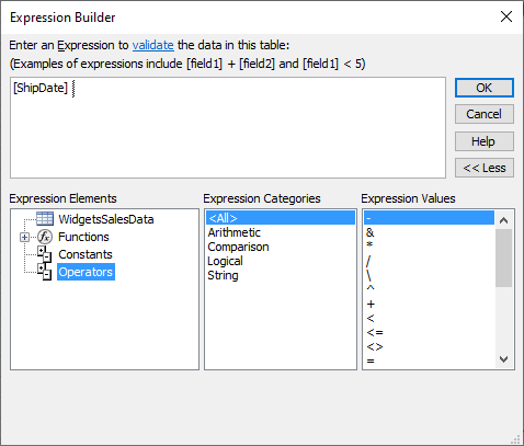 Access Expression Builder, Operators