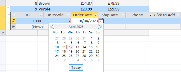 The Access calendar date picker.