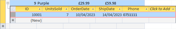 A new record added to an Access database table