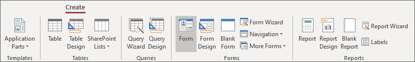 The Create ribbon showing the Form item highlighted