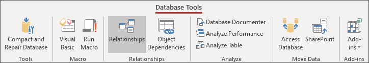 The Database Tools Ribbon in Access with the Relationships item highlighted