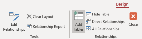 The Access Design ribbon with the Add Tables item highlighted