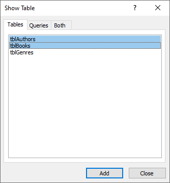 The Show Tables dialog box with two tables selected