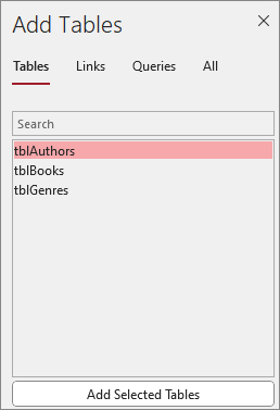 The Add Tables area in Microsoft Access 2023