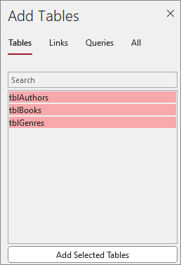 Adding Tables to a query in Microsoft Access 2023.