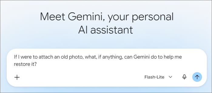 Gemini text box containing a question about restoring an old photo