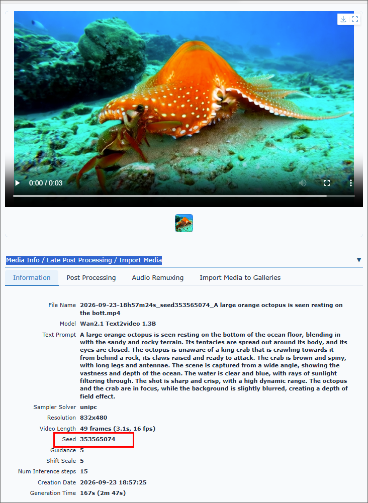Wan2GP Media Info panel with the video seed value highlighted