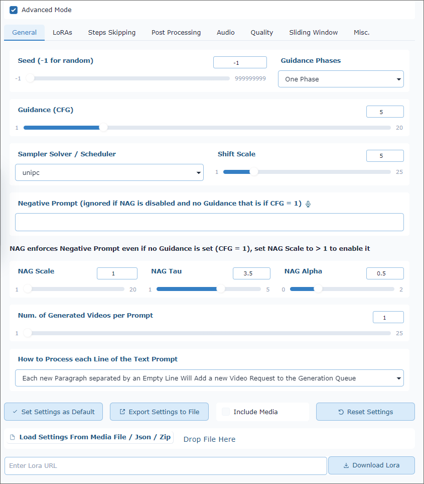 Lower section of the Wan2GP interface showing additional video-generation settings