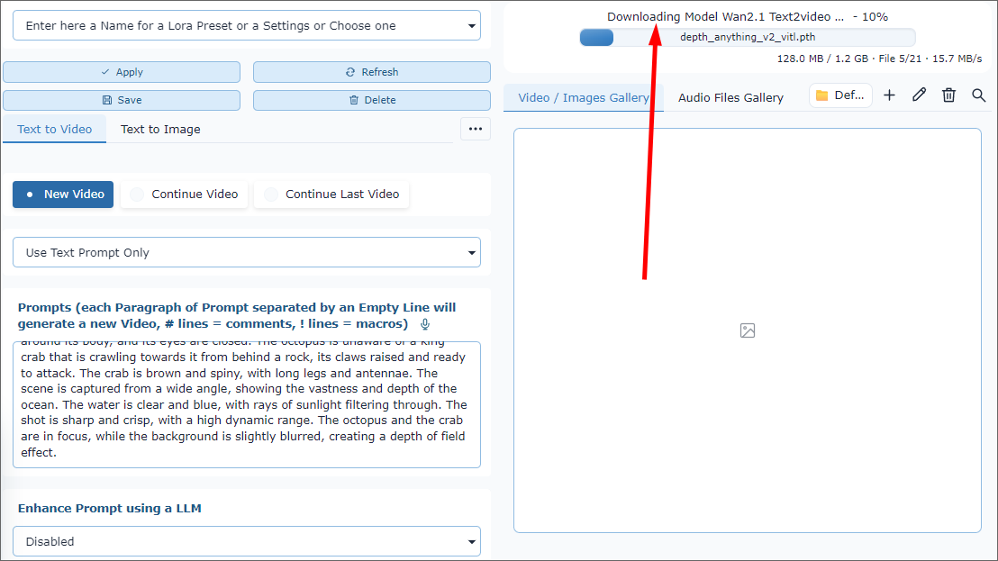 Wan2GP interface downloading the selected AI video model