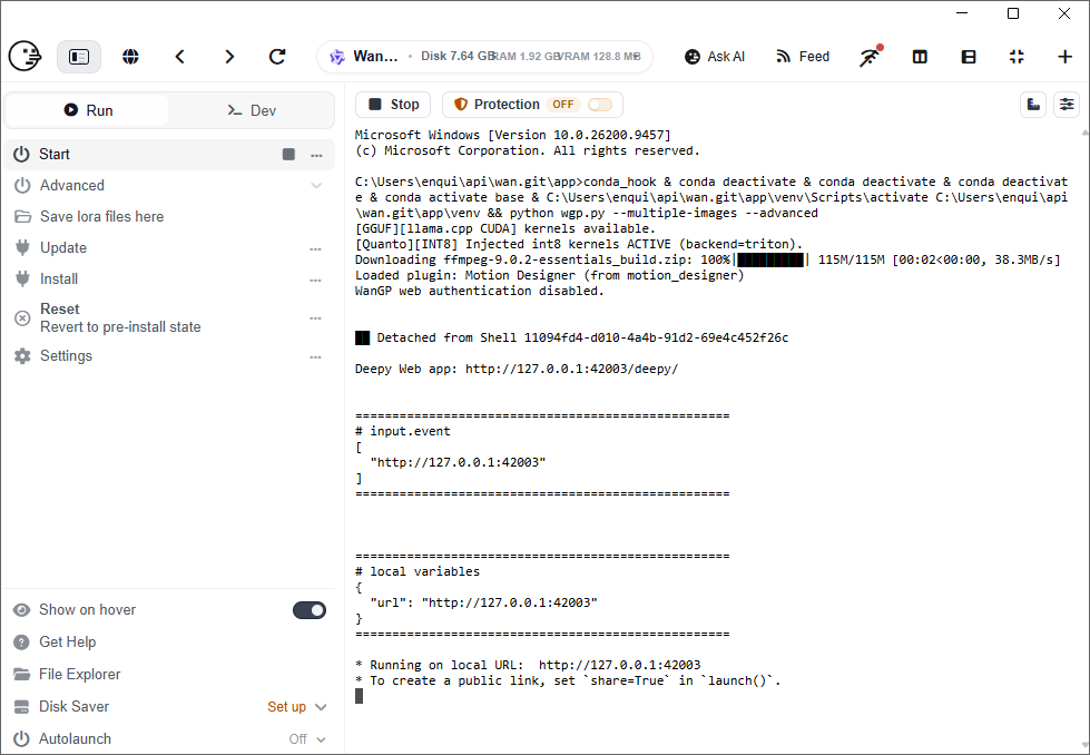 Pinokio startup page showing input event and local variables links