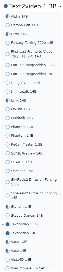 Wan2GP text-to-video model list with Wan2.1 variants and specialist models