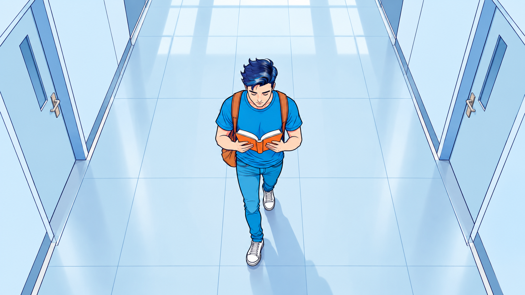 High-angle view looking down at the reader in the corridor
