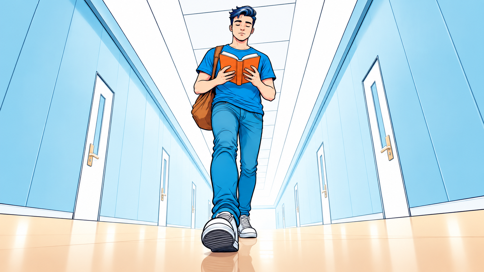 Low-angle view looking up at the reader in the corridor