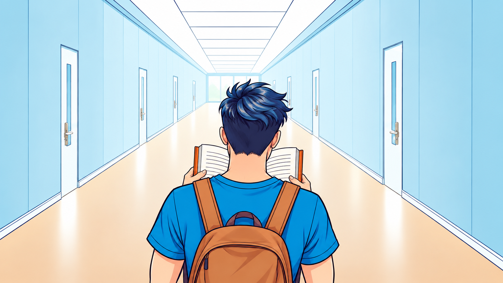 View from behind the reader's shoulder towards his book and the corridor