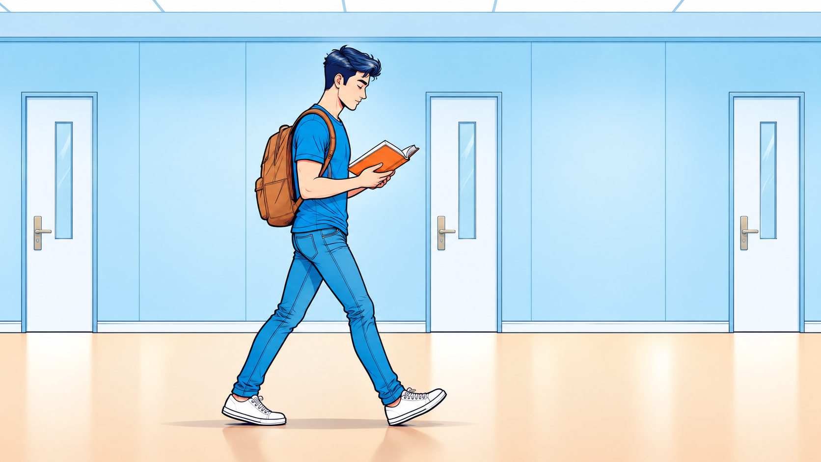 Side-on tracking view of the reader walking through the corridor