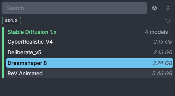 InvokeAI model dropdown listing CyberRealistic, Deliberate, Dreamshaper 8, and ReV Animated under Stable Diffusion 1.x.