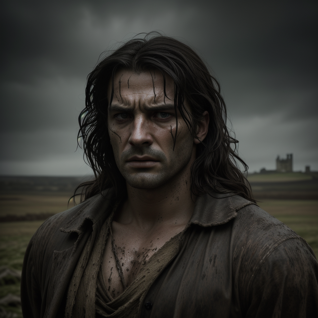 Photorealistic portrait of a muddy dark-haired man in a field, with a distant historic castle behind him.