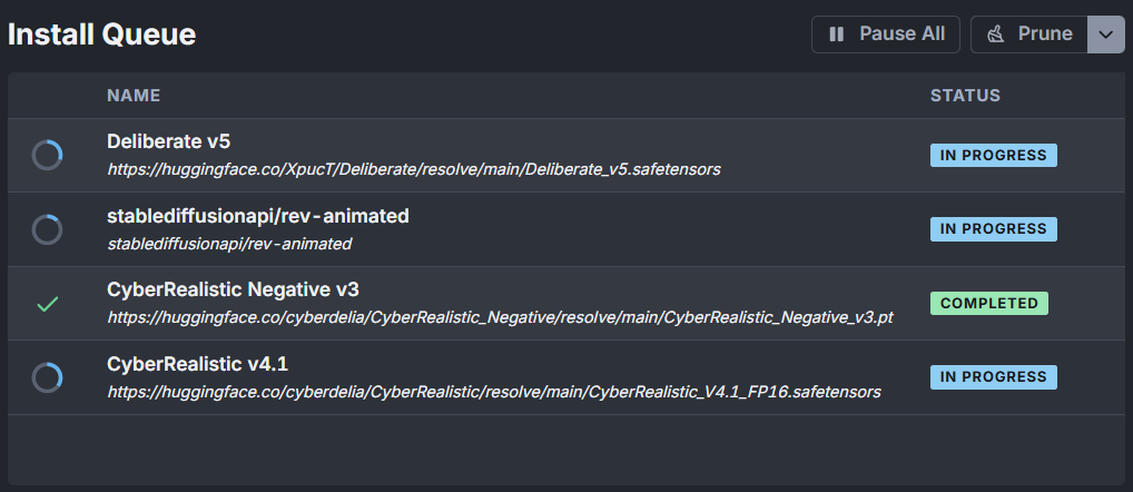 InvokeAI Install Queue showing Deliberate v5, ReV Animated, and CyberRealistic v4.1 downloading.