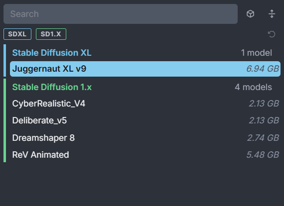 InvokeAI showing a dropdown list with an SDXL model installed