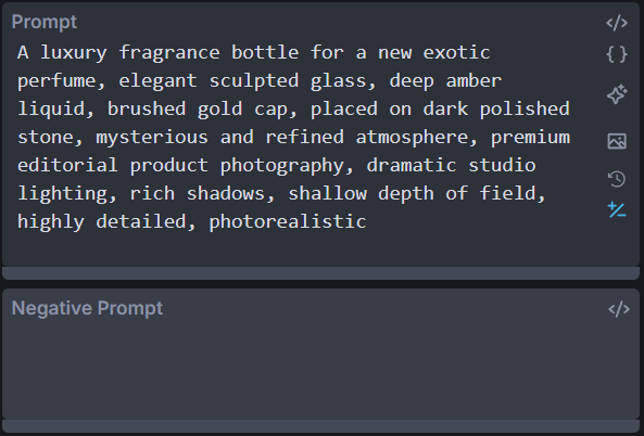 InvokeAI interface with the main fragrance prompt and an empty Negative Prompt text box displayed below it.