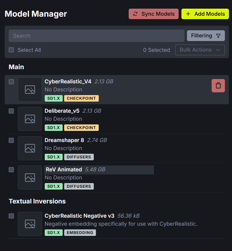 InvokeAI Model Manager listing installed CyberRealistic, Deliberate, Dreamshaper 8, and ReV Animated models.