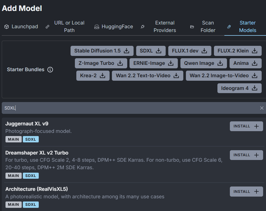 Searching for the SDXL AI image model in InvokeAI