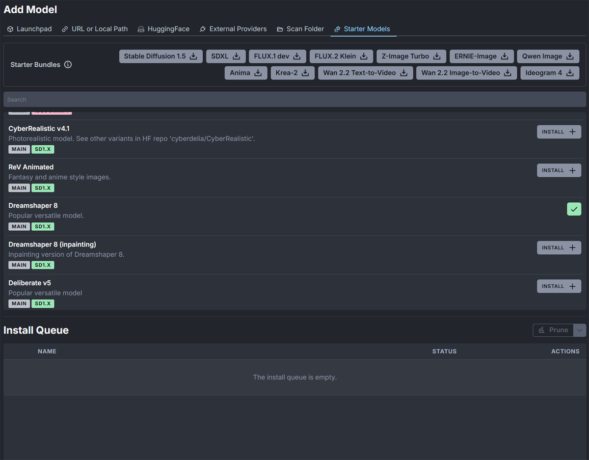 InvokeAI Starter Models list showing CyberRealistic v4.1, ReV Animated, Dreamshaper 8, and Deliberate v5 with Install buttons.