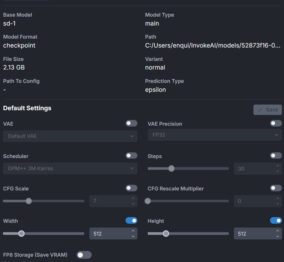 InvokeAI model details panel showing base model, checkpoint format, file size, and default generation settings.