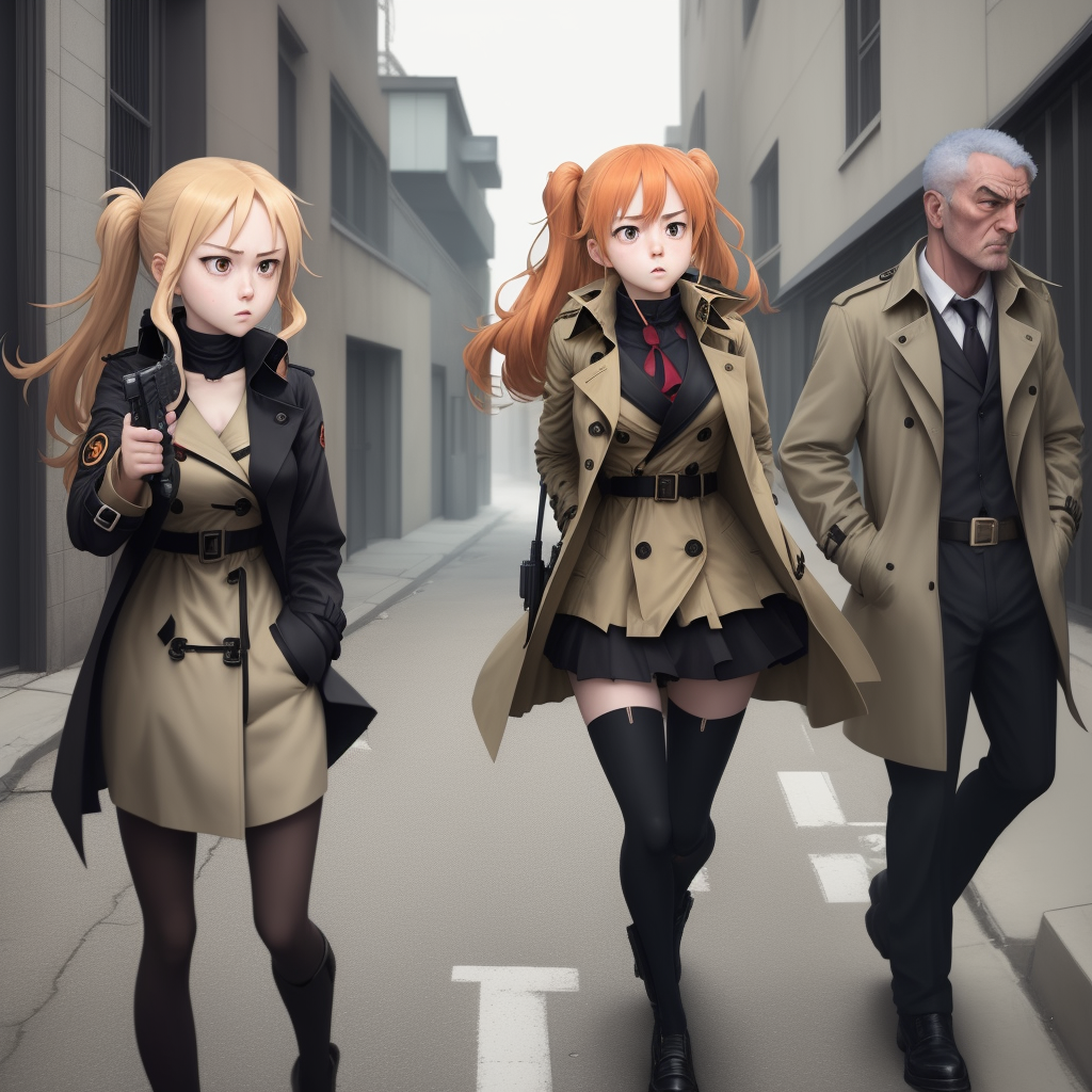 ReV Animated anime-style street scene with two young women in trench coats and an older man.