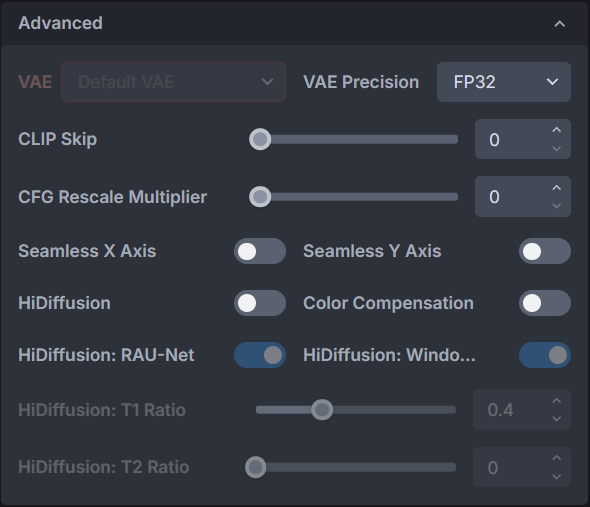 InvokeAI Advanced settings panel showing the default VAE, FP32 VAE precision, CLIP Skip 0, CFG Rescale Multiplier 0, and related toggles.