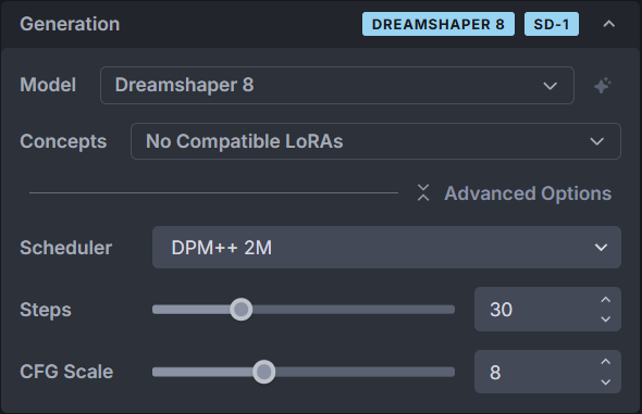 InvokeAI Generation panel set to Dreamshaper 8, no compatible LoRAs, DPM++ 2M scheduler, 30 steps, and CFG Scale 8.