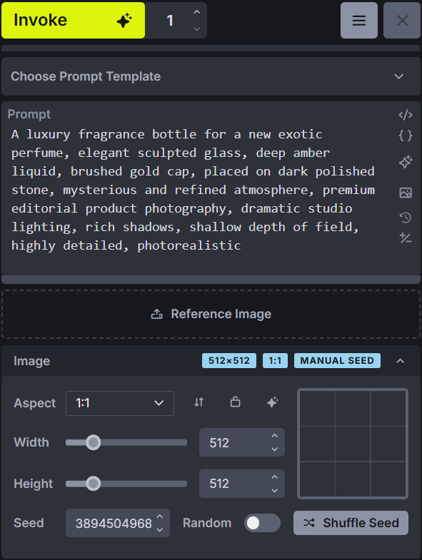 InvokeAI Image panel showing a 1:1 aspect ratio, 512 pixel width and height, the seed 3894504968, Random Seed turned off, and the Shuffle Seed button.