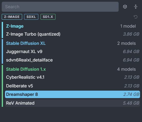 Invoke AI model dropdown listing installed image models.