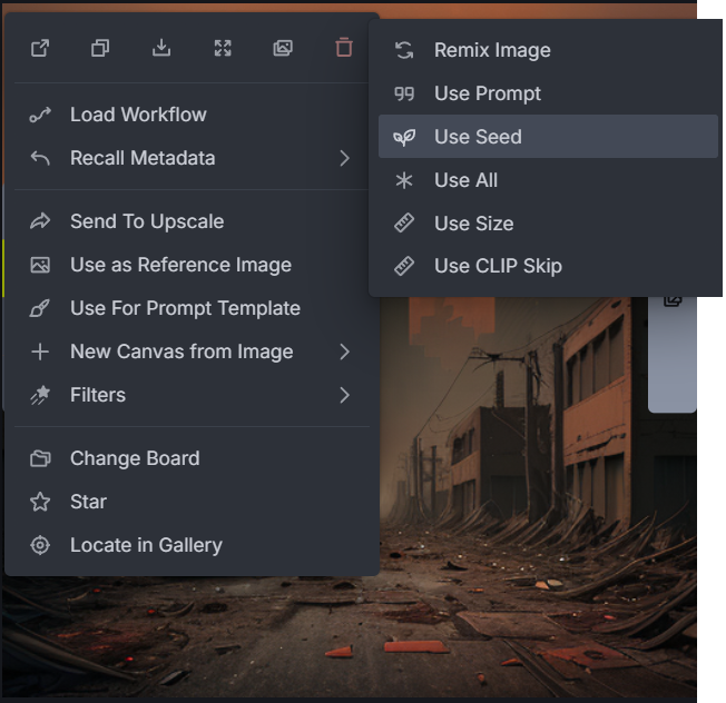 Invoke AI right-click menu showing Recall Metadata and Use Seed.