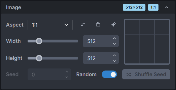 Invoke AI Image settings showing width, height and aspect-ratio controls.