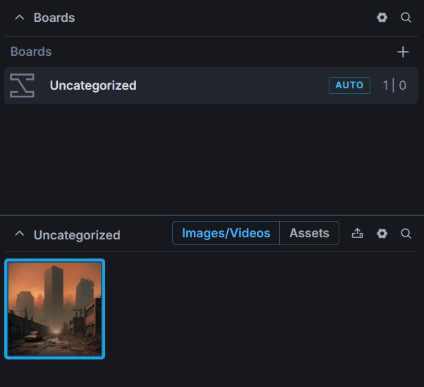 Invoke Boards panel showing a generated image thumbnail in the Uncategorized board
