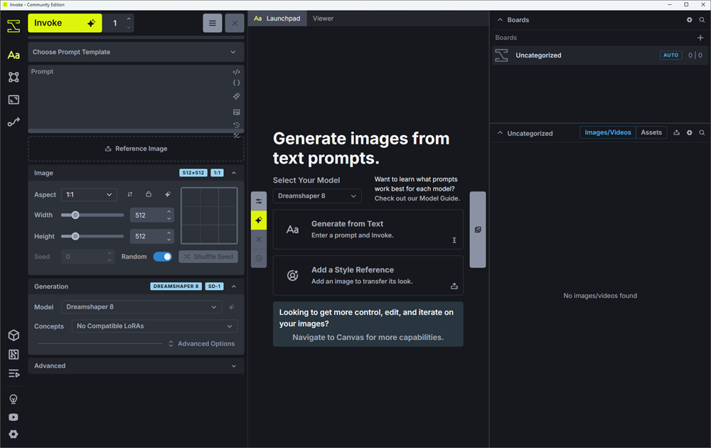 Invoke Launchpad with Dreamshaper 8 selected and image generation controls on the left